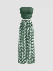 Strapless Solid Ruched Crop Top & Mid Rise Floral Knotted Wide Leg Trousers