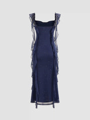 Cowl Neck Solid Glitter Ruffle Hem Maxi Dress
