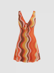 Mesh V-neck Abstract Wave Knotted Mini Dress