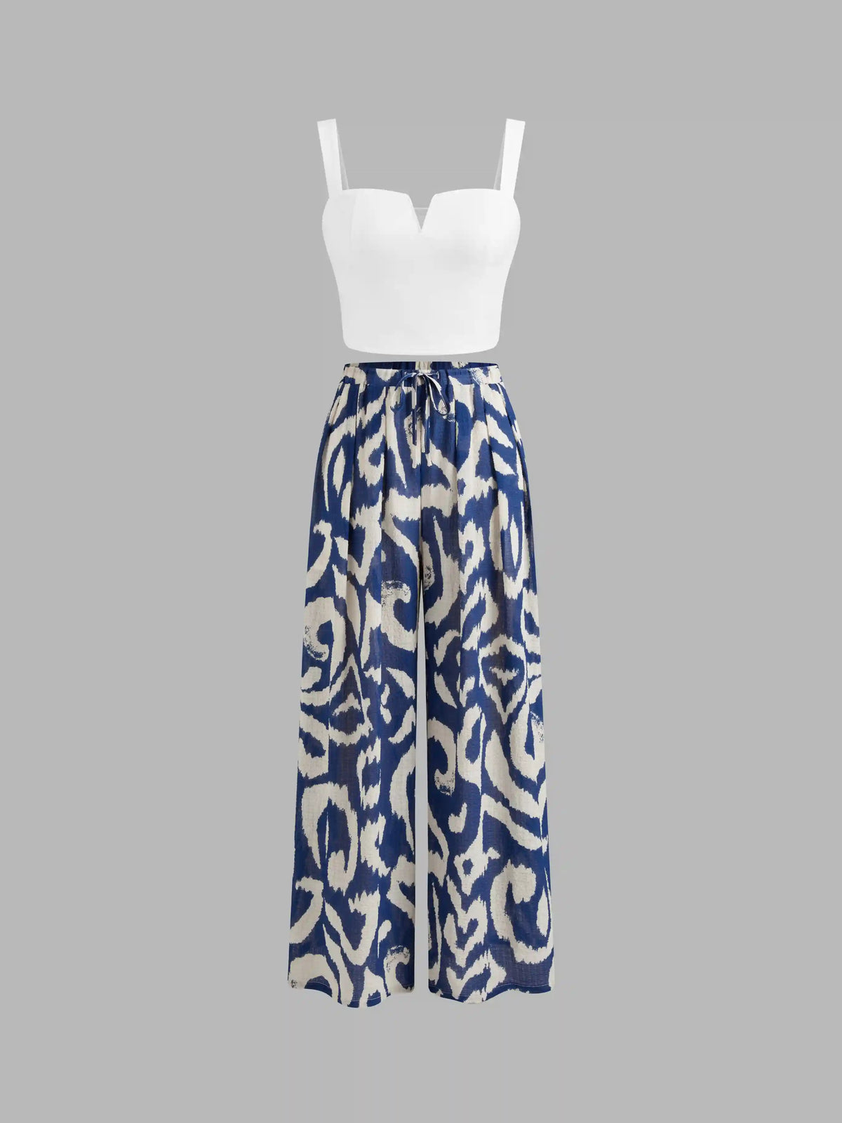 Square Neck Solid Crop Tank Top With High Rise Abstract Knotted Wide Leg Trousers