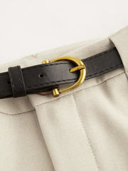 Petite Mid Rise Solid Straight Leg Trousers With Belt