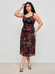 Mesh Square Neck Floral Knotted Midi Dress Curve & Plus