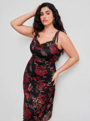 Mesh Square Neck Floral Knotted Midi Dress Curve & Plus