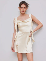 Satin Ruched Ruffle Hem Mini Dress