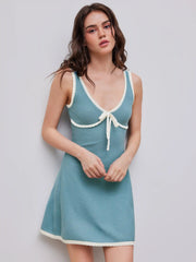 Knitted V-neck Solid Contrasting Binding Knotted Mini Dress