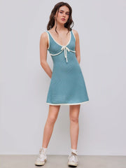 Knitted V-neck Solid Contrasting Binding Knotted Mini Dress