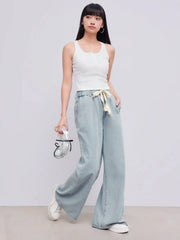 Petite Denim High Waist Solid Tie Front Wide Leg Trousers