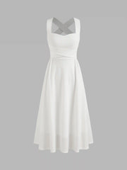 Square Neck Solid Criss Cross Ruffle Midi Dress