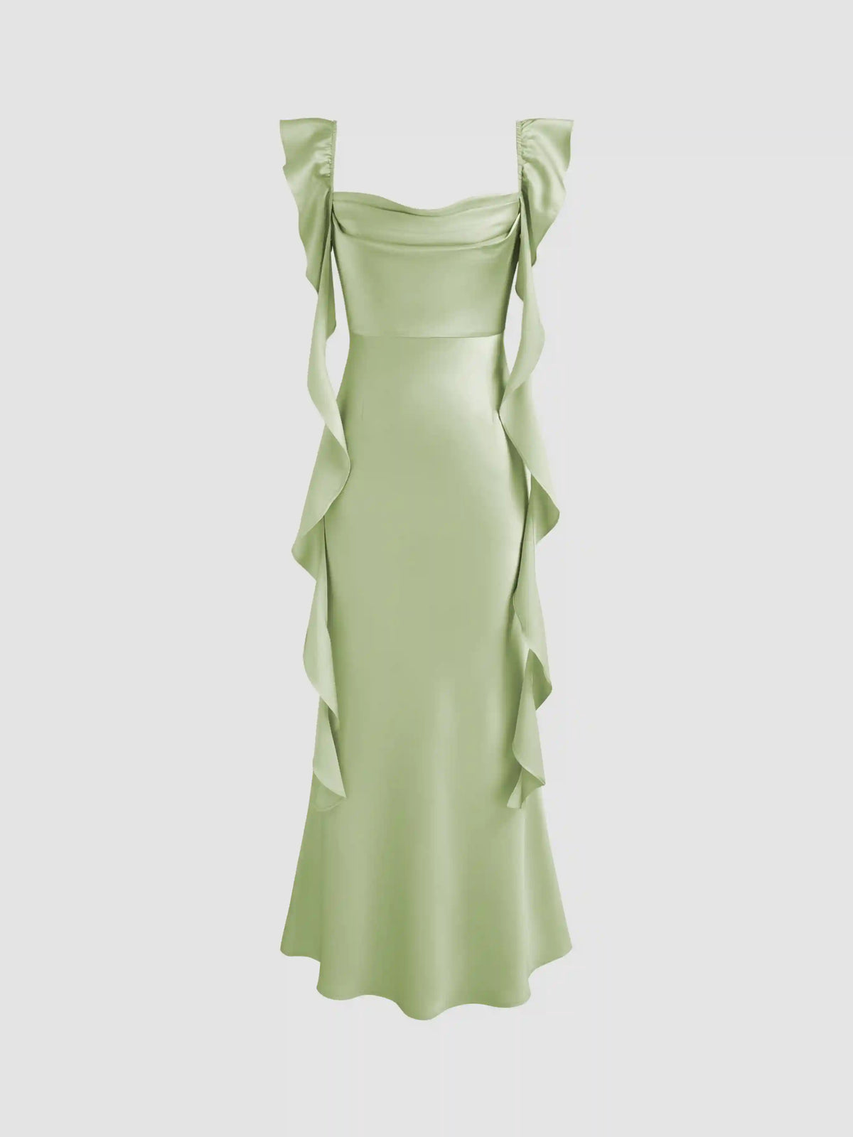 Satin Cowl Neck Solid Ruffle Hem Maxi Dress