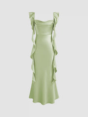 Satin Cowl Neck Solid Ruffle Hem Maxi Dress