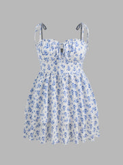 Woven Floral Ruffle Hem Knotted Layered Mini Dress Curve & Plus