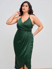 Satin V-neck Wrap Knotted Midi Dress Curve & Plus