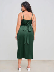 Satin V-neck Wrap Knotted Midi Dress Curve & Plus
