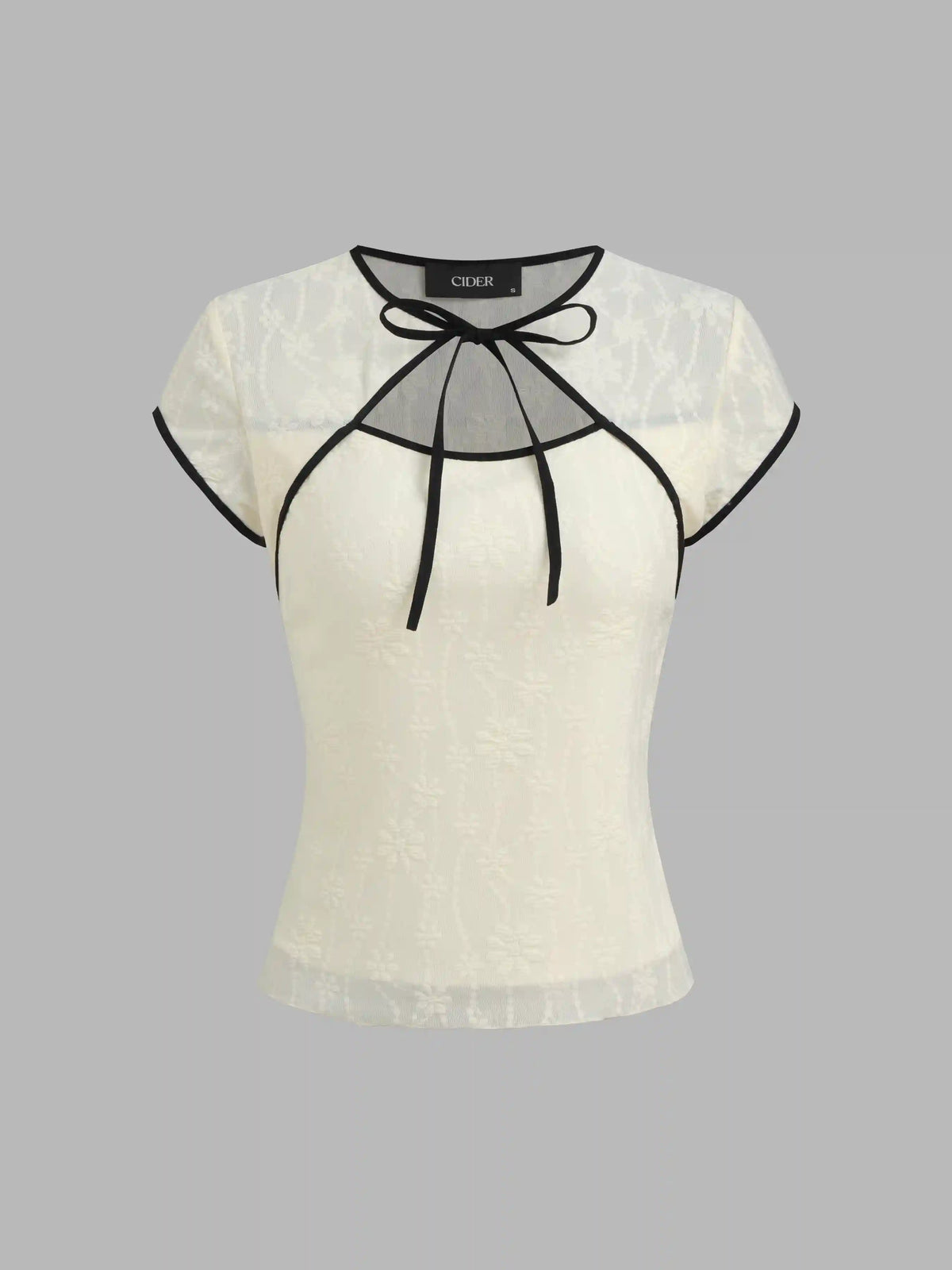 Round Neckline Floral Contrasting Binding Cut Out Knotted Short Sleeve Top