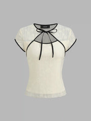 Round Neckline Floral Contrasting Binding Cut Out Knotted Short Sleeve Top