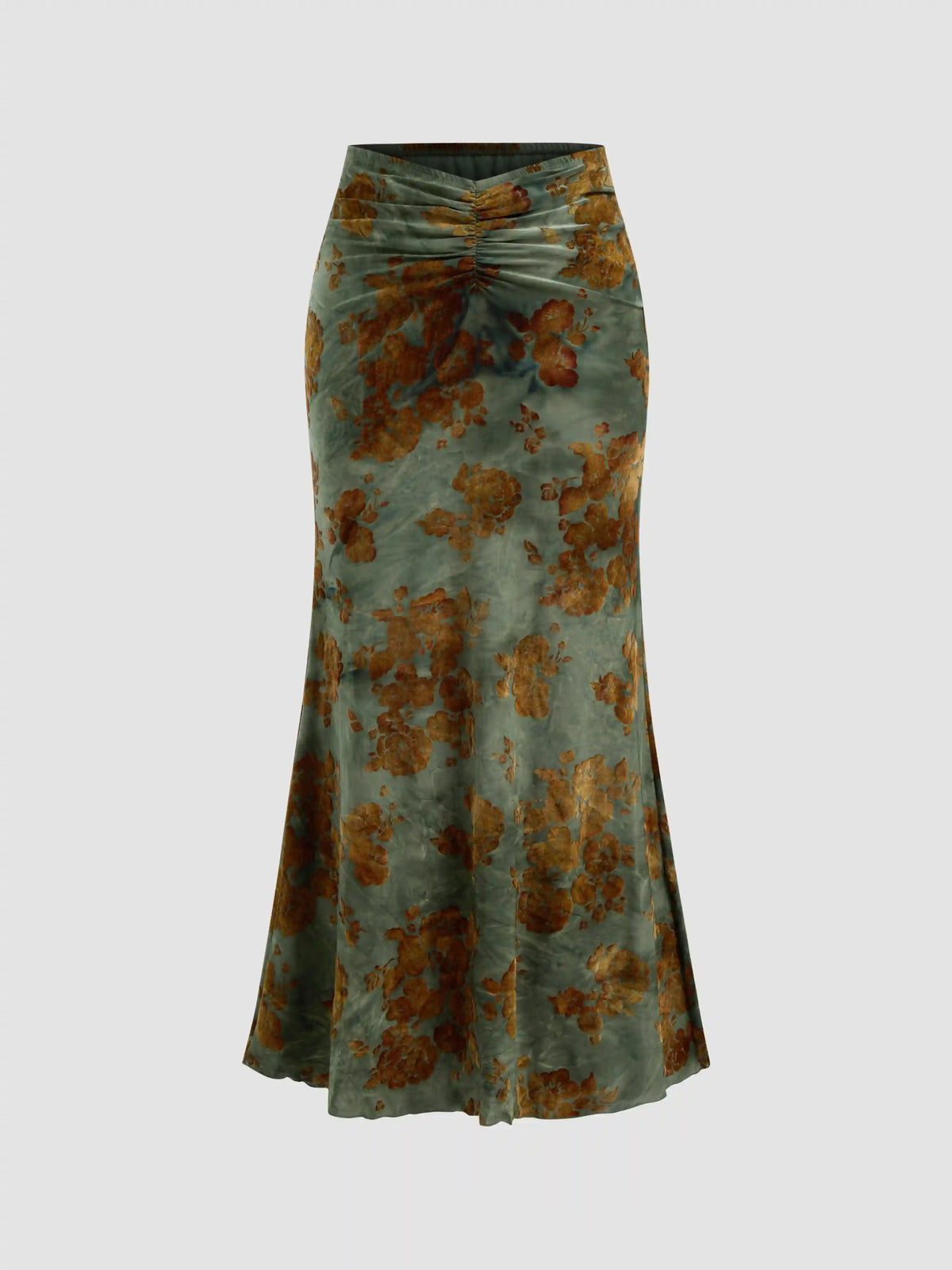 Mid Rise Floral Ruched Maxi Mermaid Skirt