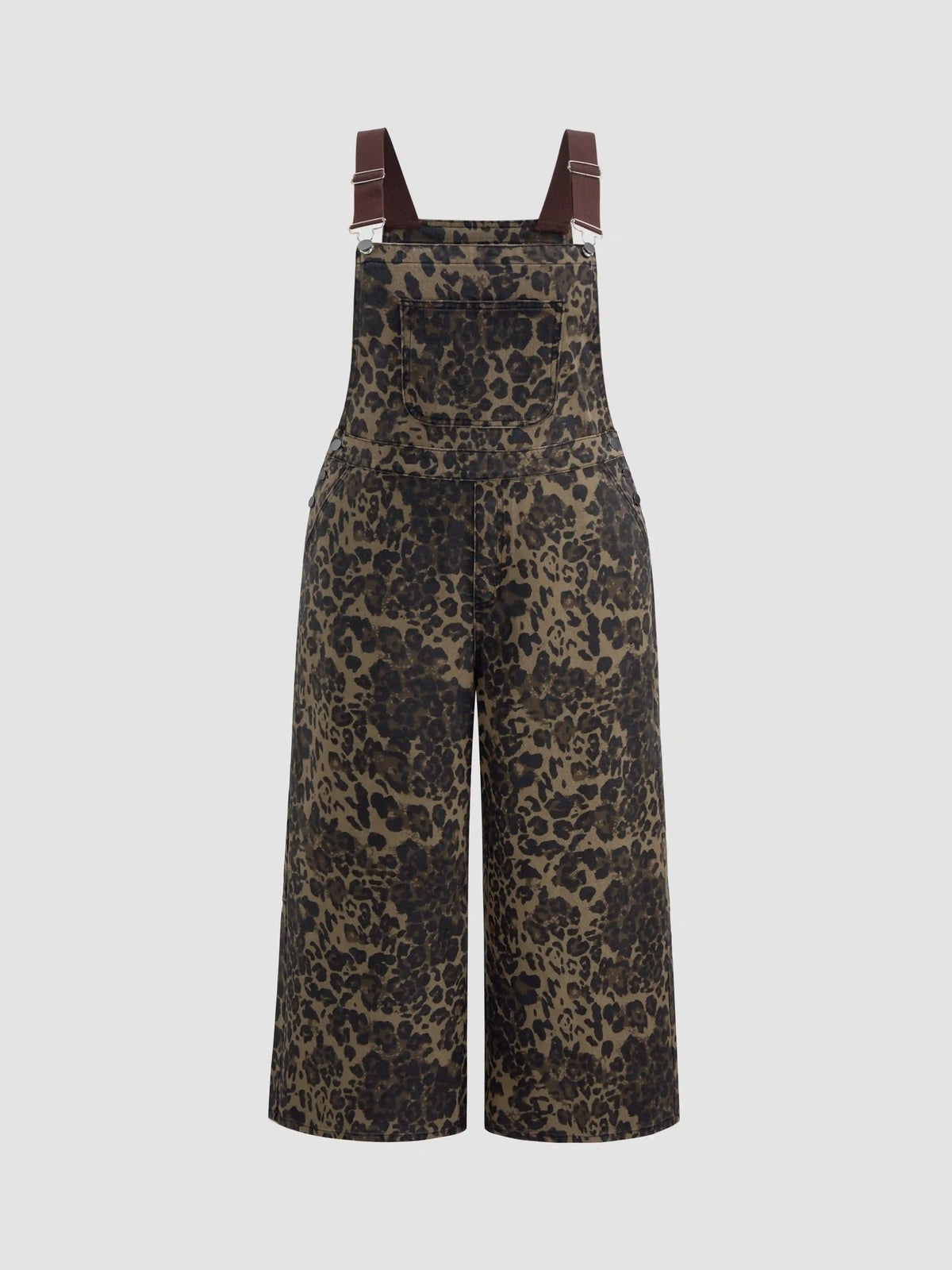 Denim Leopard Button Pocket Wide Leg Jumpsuit Curve & Plus