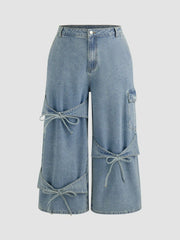 Cider Denim Mid Rise Solid Bowknot Pocket Wide Leg Jeans Curve & Plus