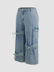 Cider Denim Mid Rise Solid Bowknot Pocket Wide Leg Jeans Curve & Plus