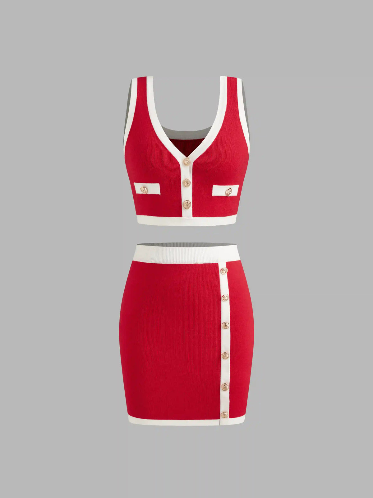 Knit V-neck Contrasting Binding Button Tank Top & Knit Contrasting Binding Button Mini Skirt