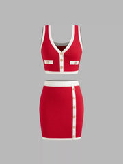 Knit V-neck Contrasting Binding Button Tank Top & Knit Contrasting Binding Button Mini Skirt