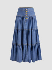 Denim High Rise Solid Tiered Button Pocket Maxi Skirt