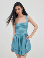 Metallic Square Neck Ruffle Tiered Mini Dress