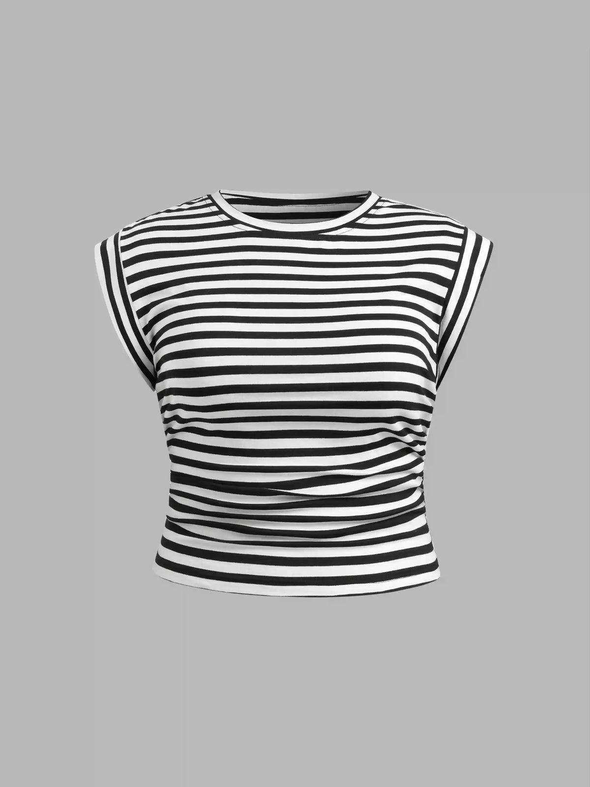 Cotton-blend Round Neckline Striped Ruched Top Curve & Plus