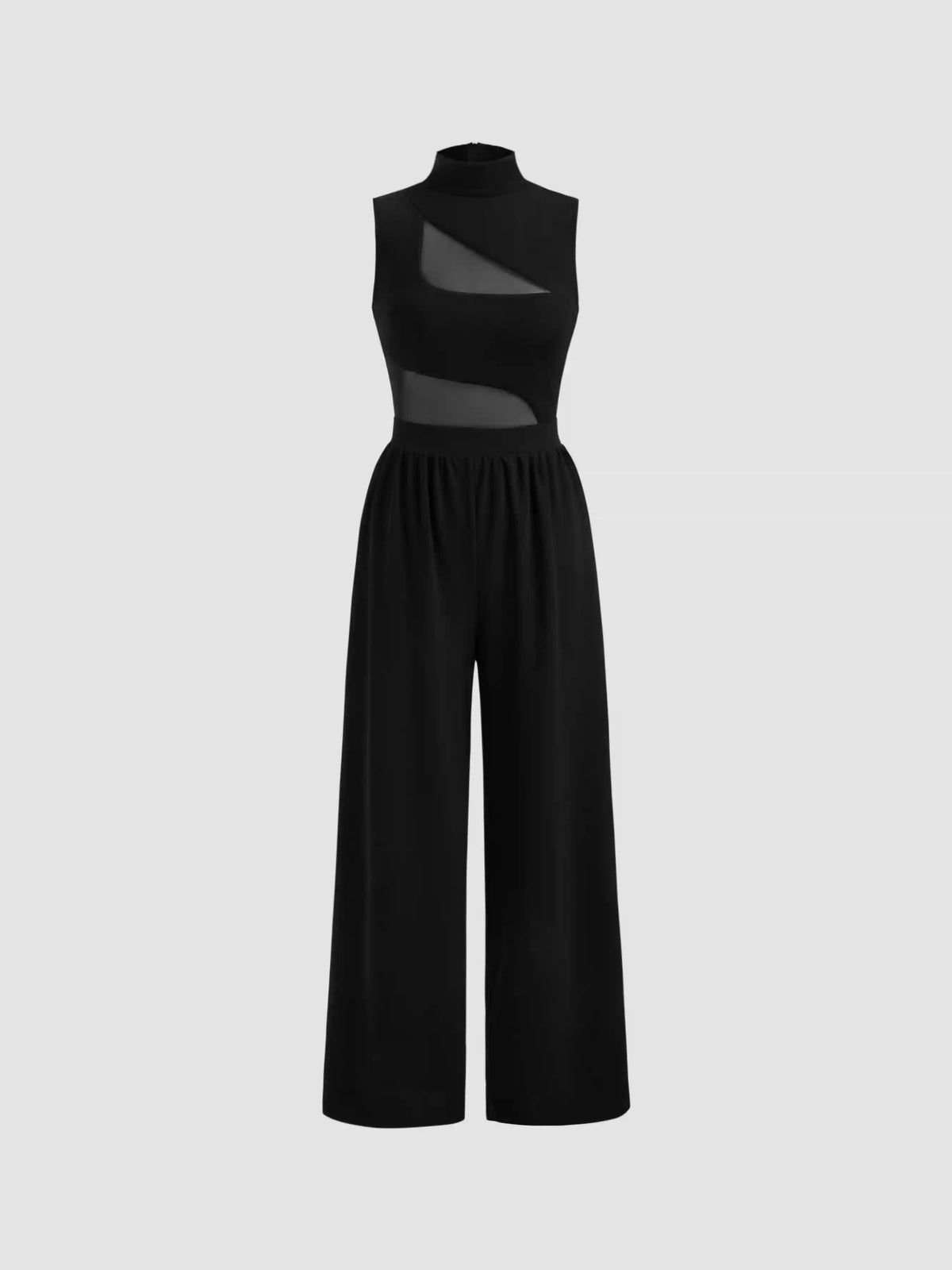 High Neck Solid Cut Out Patched Wide Leg Jumpsuit
