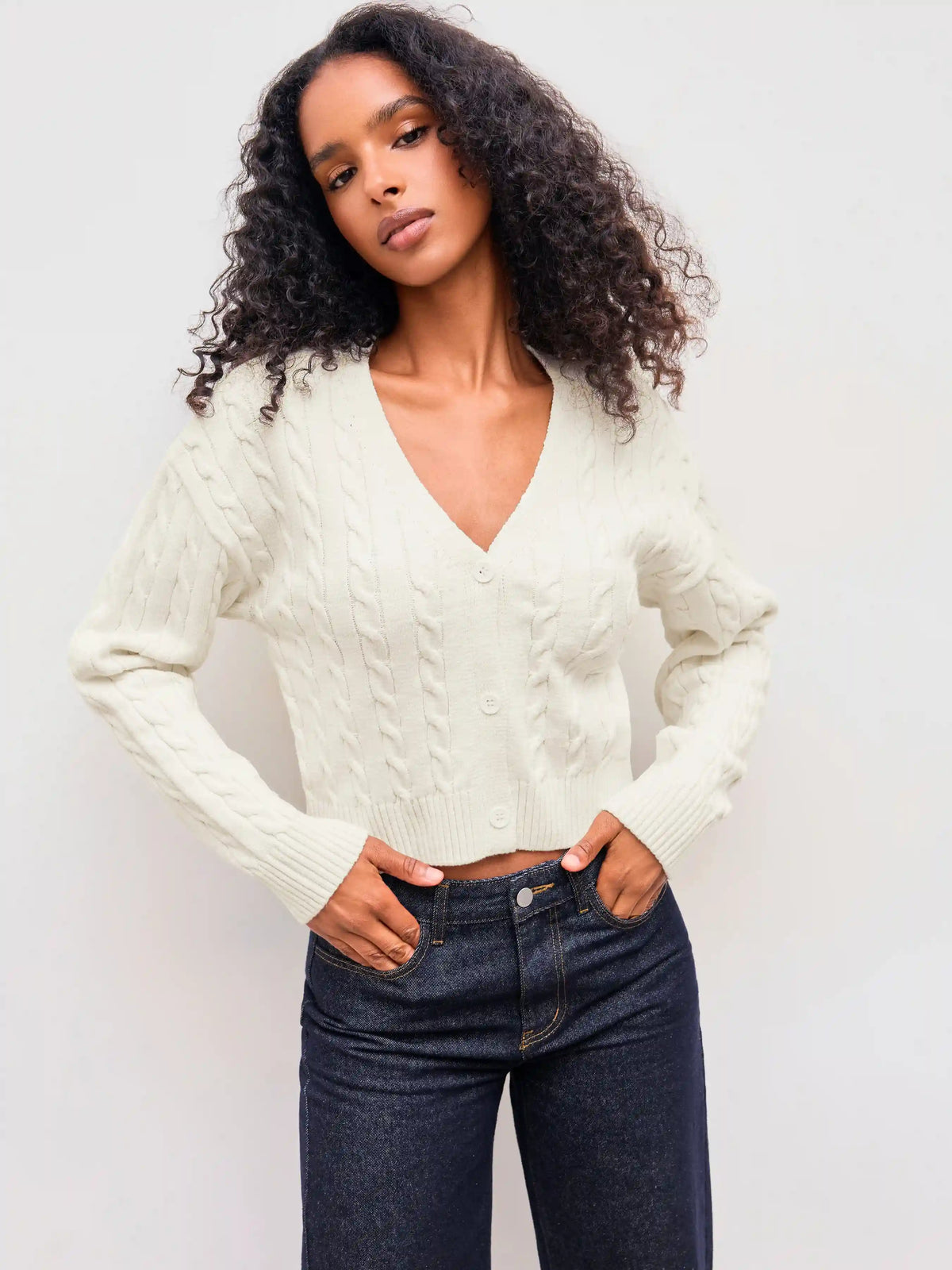 Knit V-neck Solid Texture Button Cardigan