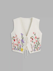 Knit V-neck Floral Embroidery Tie Front Vest