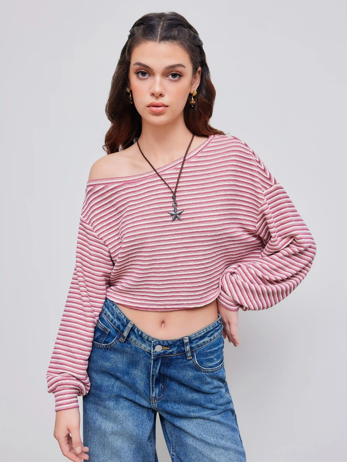 Cotton-blend Asymmetrical Neck Stripe Oversized Crop Sweatshirt