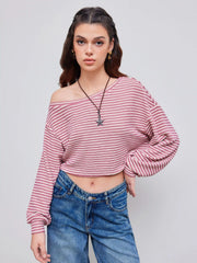 Cotton-blend Asymmetrical Neck Stripe Oversized Crop Sweatshirt