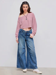 Cotton-blend Asymmetrical Neck Stripe Oversized Crop Sweatshirt