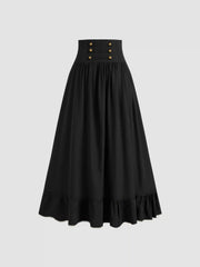 Mid Rise Solid Button Lace Up Ruffle Maxi Skirt