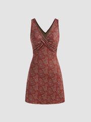 Knit V-neck Floral Twist Mini Dress