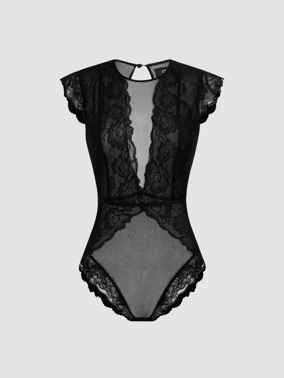 Lace Round Neckline Solid Cut Out See-through Bodysuit