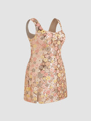 Sequin Scoop Neckline Floral Split Mini Dress Curve & Plus