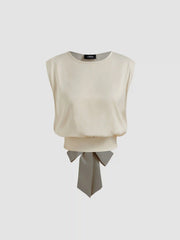 Satin Round Neckline Solid Knotted Top & Mid Rise Pocket Wide Leg Trousers Set