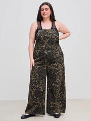 Denim Leopard Button Pocket Wide Leg Jumpsuit Curve & Plus