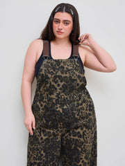 Denim Leopard Button Pocket Wide Leg Jumpsuit Curve & Plus