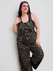 Denim Leopard Button Pocket Wide Leg Jumpsuit Curve & Plus