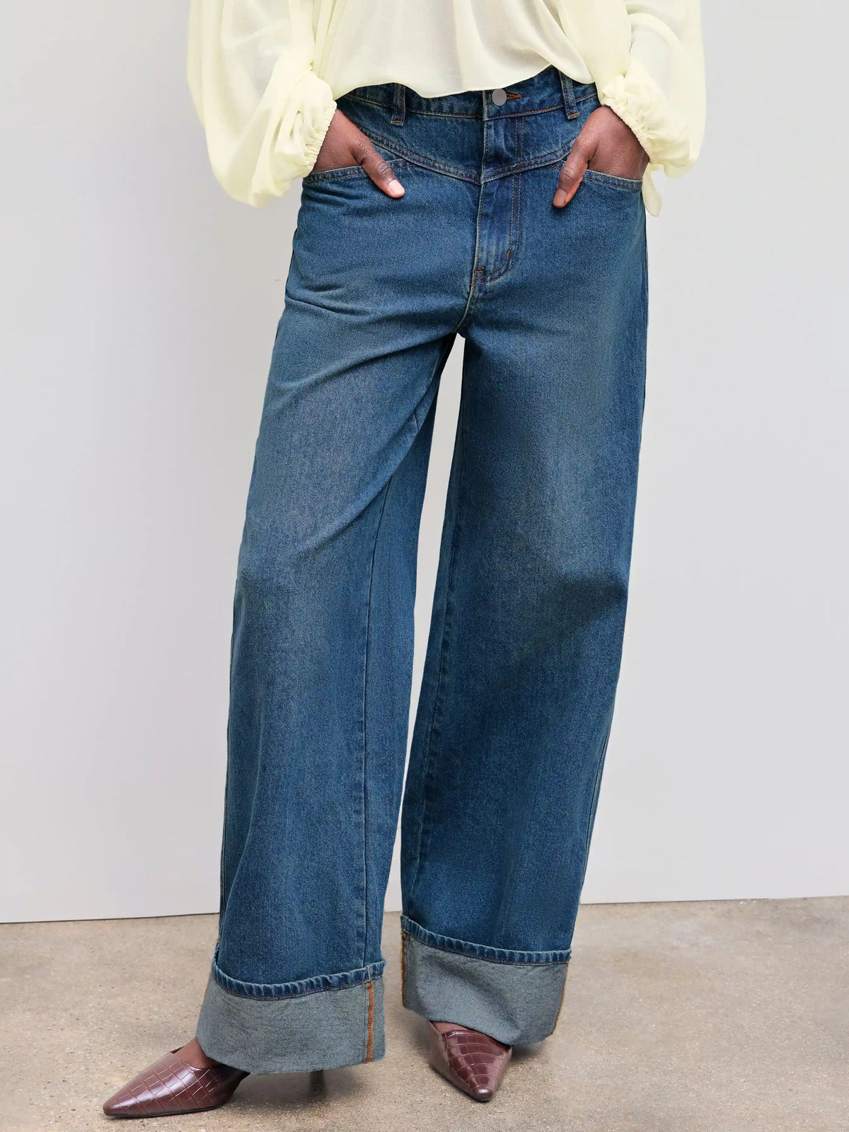 Cider Denim Mid Rise Solid Roll Hem Straight Leg Jeans