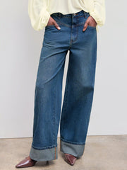 Cider Denim Mid Rise Solid Roll Hem Straight Leg Jeans