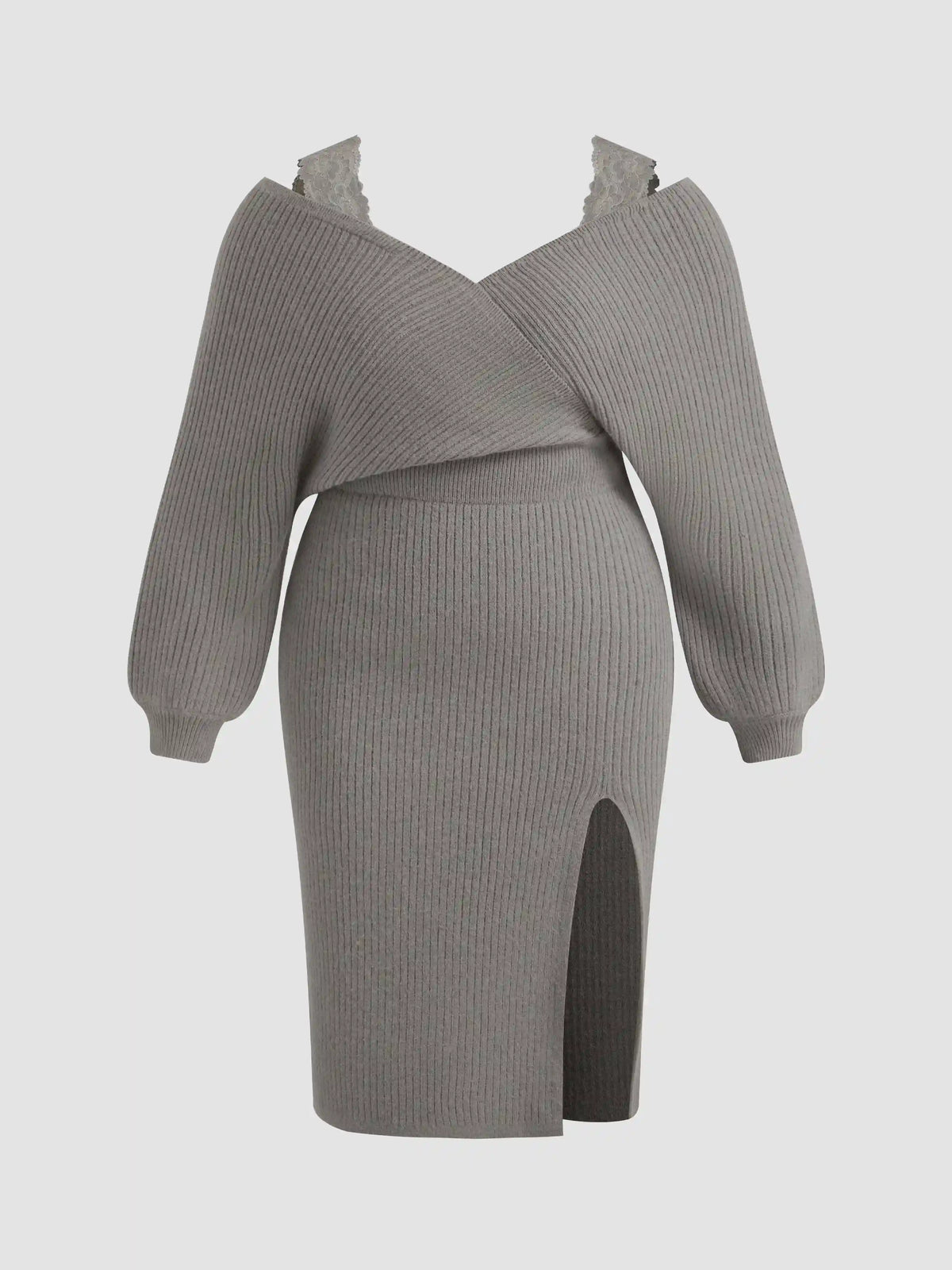 Knitted V-neck Solid Split Lace Midi Dress Curve & Plus