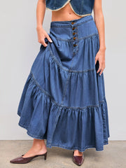 Denim High Rise Solid Tiered Button Pocket Maxi Skirt