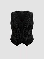 Velvet V-neck Aztec Button Jacket Vest Curve & Plus