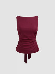 Linen-blend Boat Neckline Solid Bowknot Tank Top