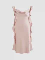 Satin Cowl Neck Solid Ruffle Hem Maxi Dress Curve & Plus