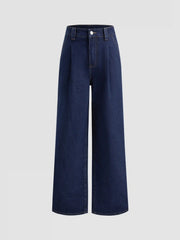 Denim High Waist Pleated Straight Leg Jeans